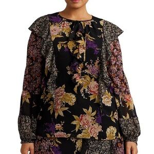 Ralph Lauren Floral Ruffle-Trim Georgette Blouse‎ Black Plus Size 2X NWT $165
